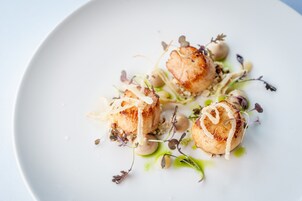 Un plato blanco con tres vieiras a la plancha, adornadas con microgreens y un hilo de salsa.