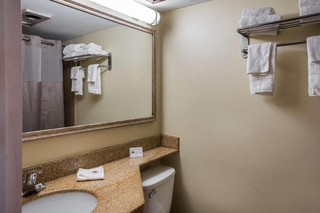 Un baño con lavamanos, espejo, toallero y retrete.