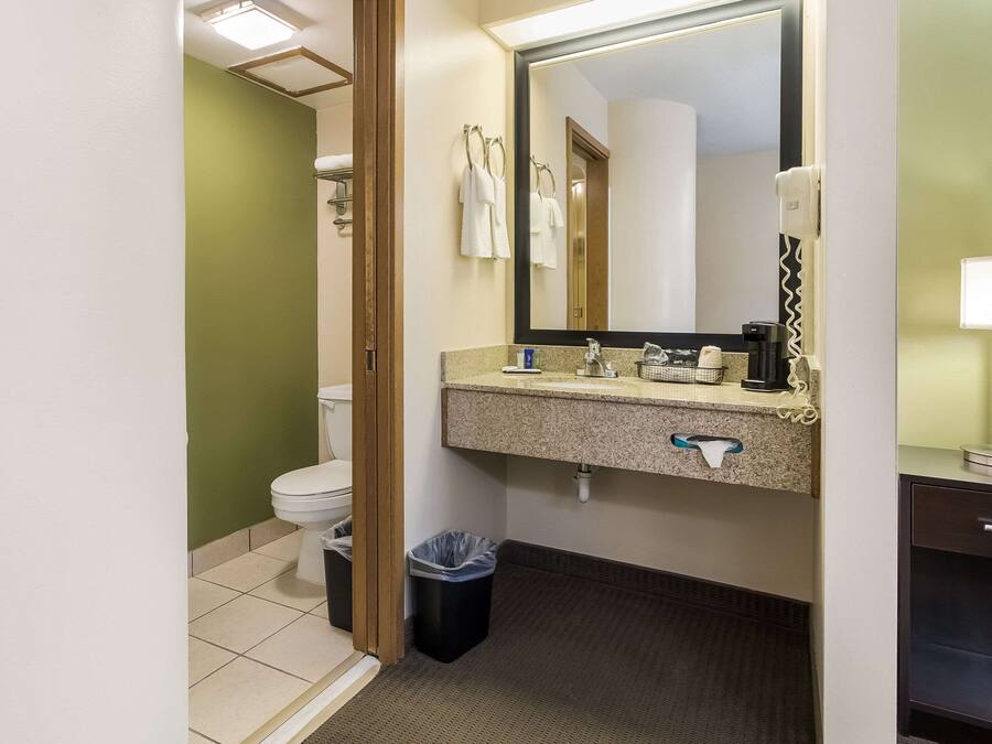 A hotel bathroom with a toilet, sink, mirror, and towel rack.