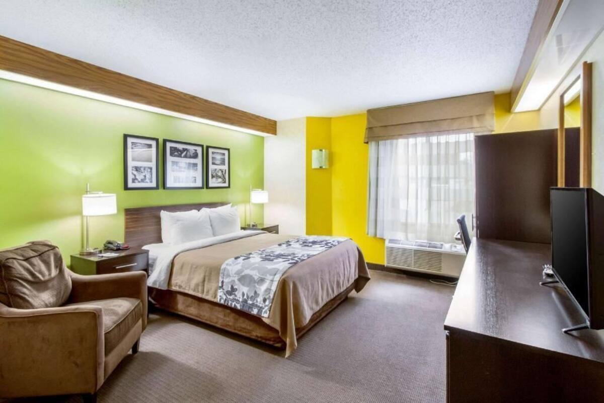Habitación de hotel con cama, escritorio, silla, televisión y cuadros en la pared.