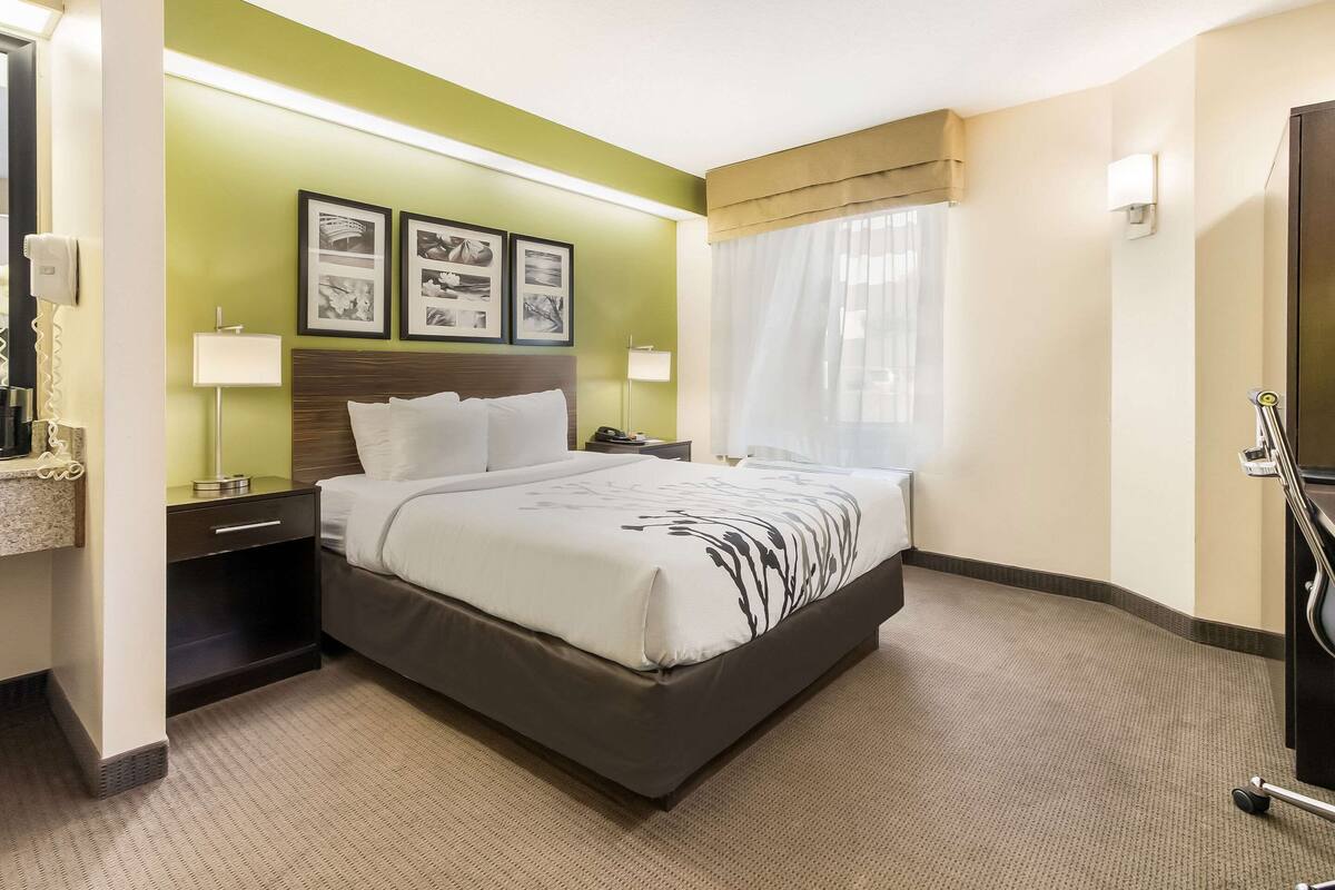 Una habitación de hotel con una cama grande, una mesita de noche, una lámpara, un teléfono y cuadros en la pared.