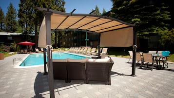 Outdoor pool, pool umbrellas, pool loungers