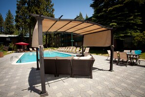 Outdoor pool, pool umbrellas, sun loungers