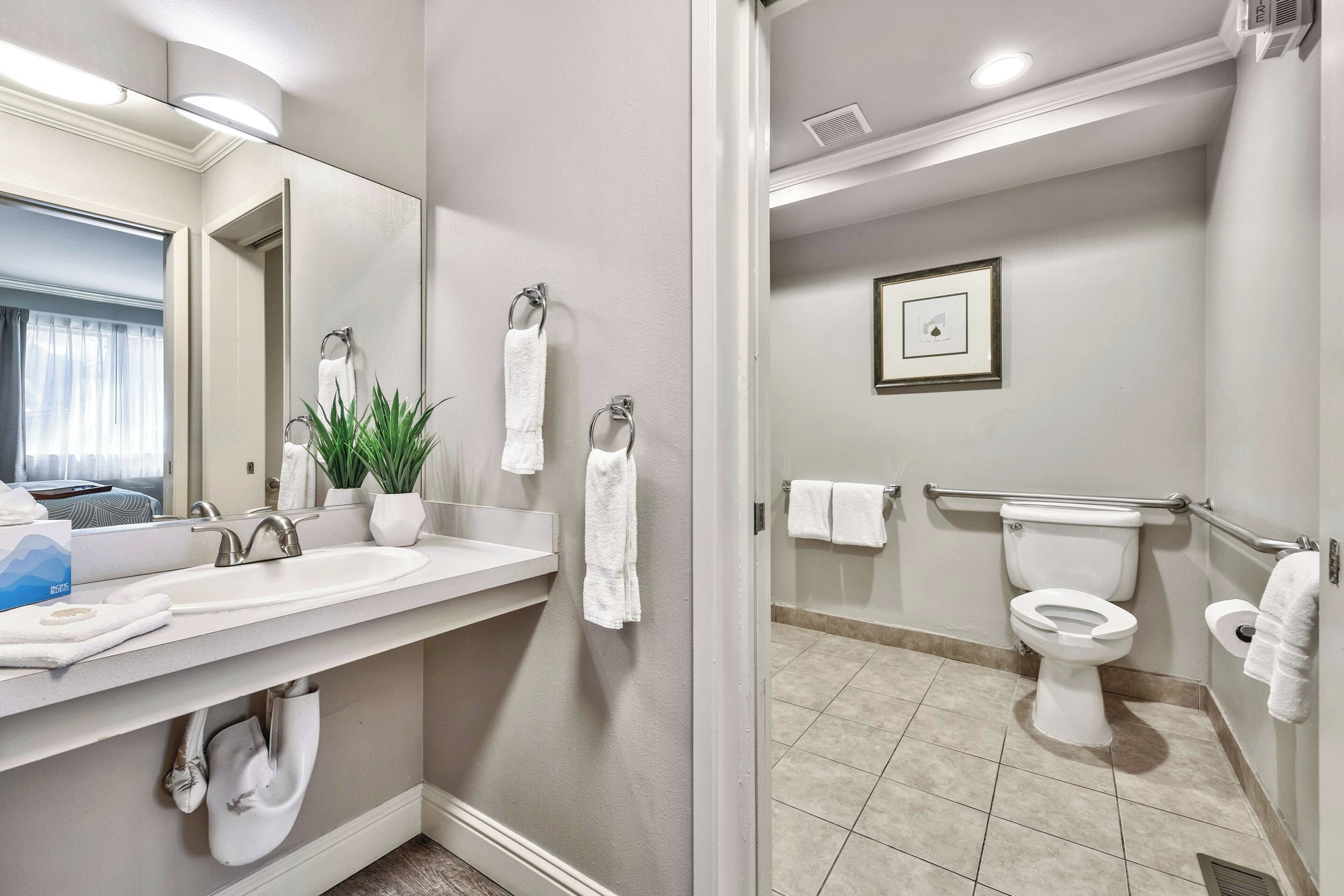 A bathroom with a sink, mirror, towel rack, toilet, and shower area.