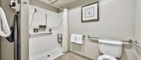 A bathroom with a shower, toilet, and a framed picture on the wall.