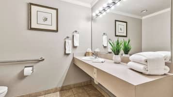 A bathroom with a handrail, a sink with a mirror, and two framed pictures on the wall.