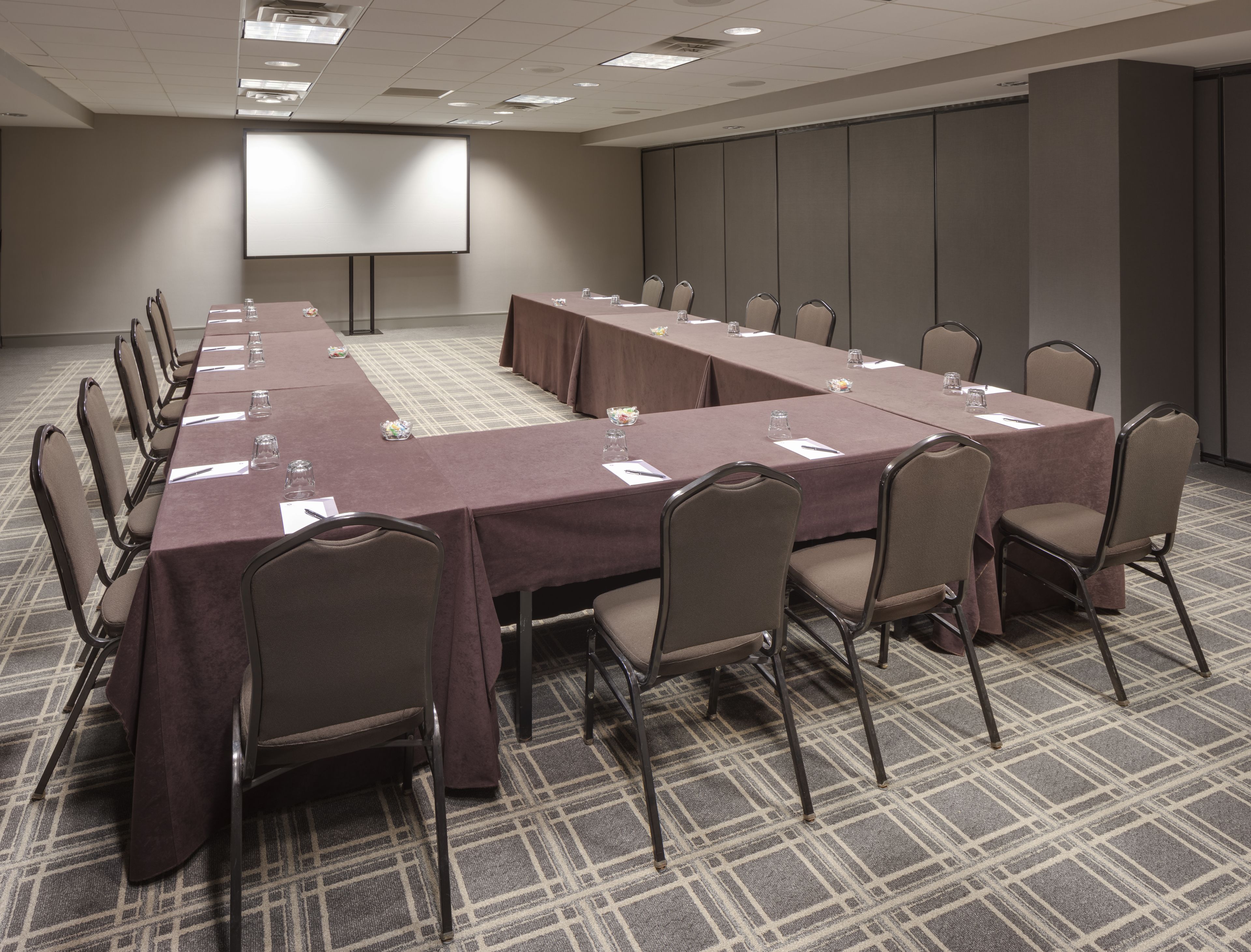 Un salón de conferencias con una larga mesa, sillas, una pantalla de proyector y suelo alfombrado.