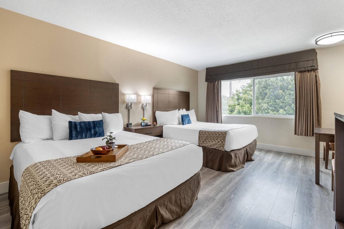 A hotel room with two beds, a wooden headboard, a bedside table with lamps, a window with curtains, and a view of greenery outside.
