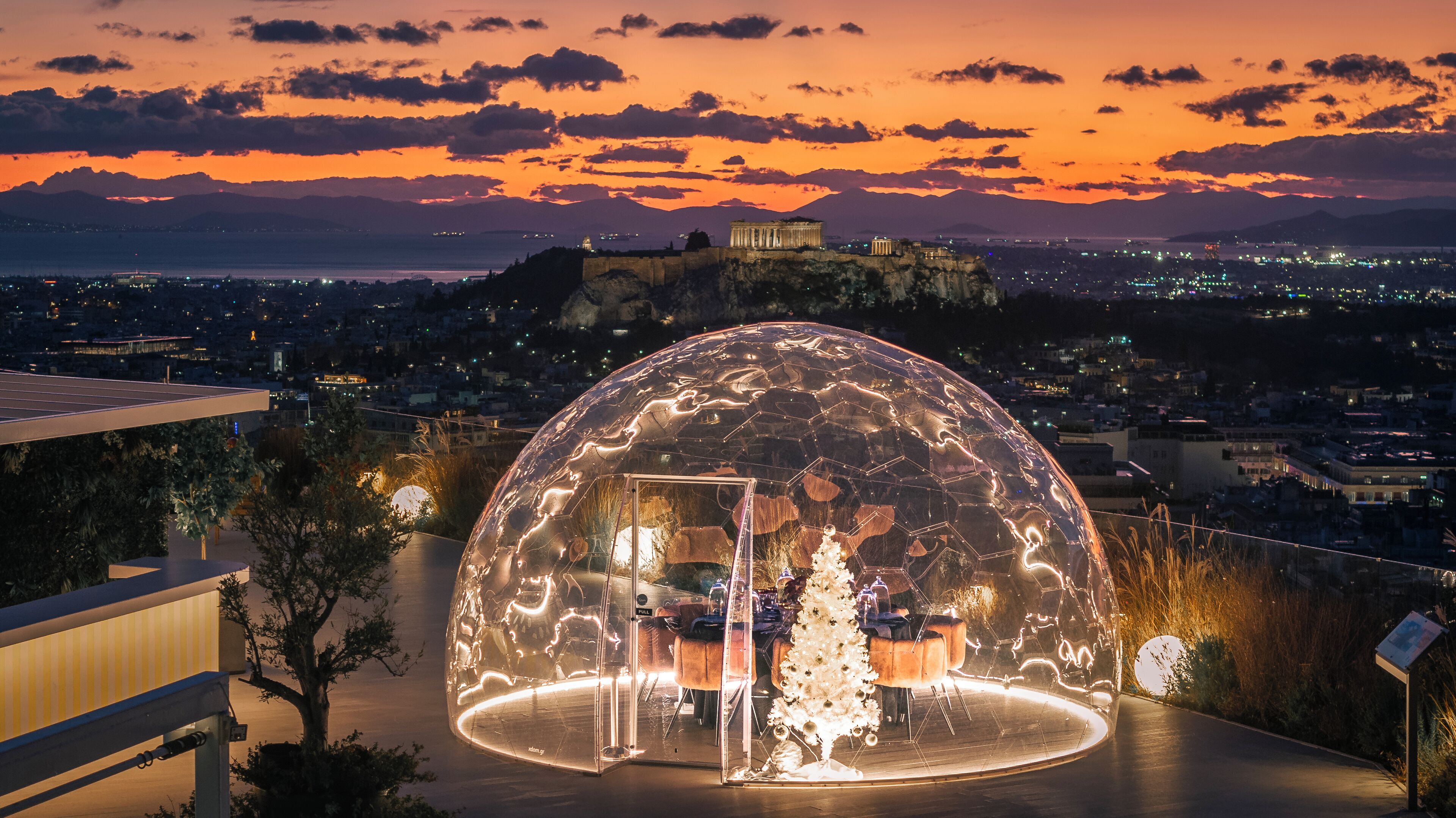 Una estructura en forma de cúpula con un árbol de Navidad en su interior, con vistas a un paisaje urbano que incluye un edificio histórico al fondo.