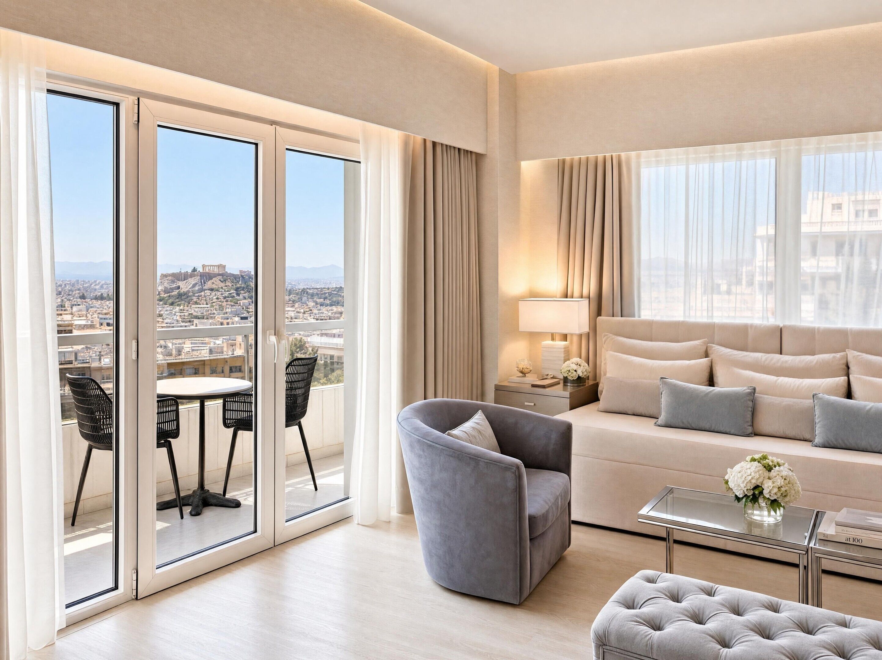 A modern hotel room with a balcony, a sofa, a chair, a table, and a lamp.