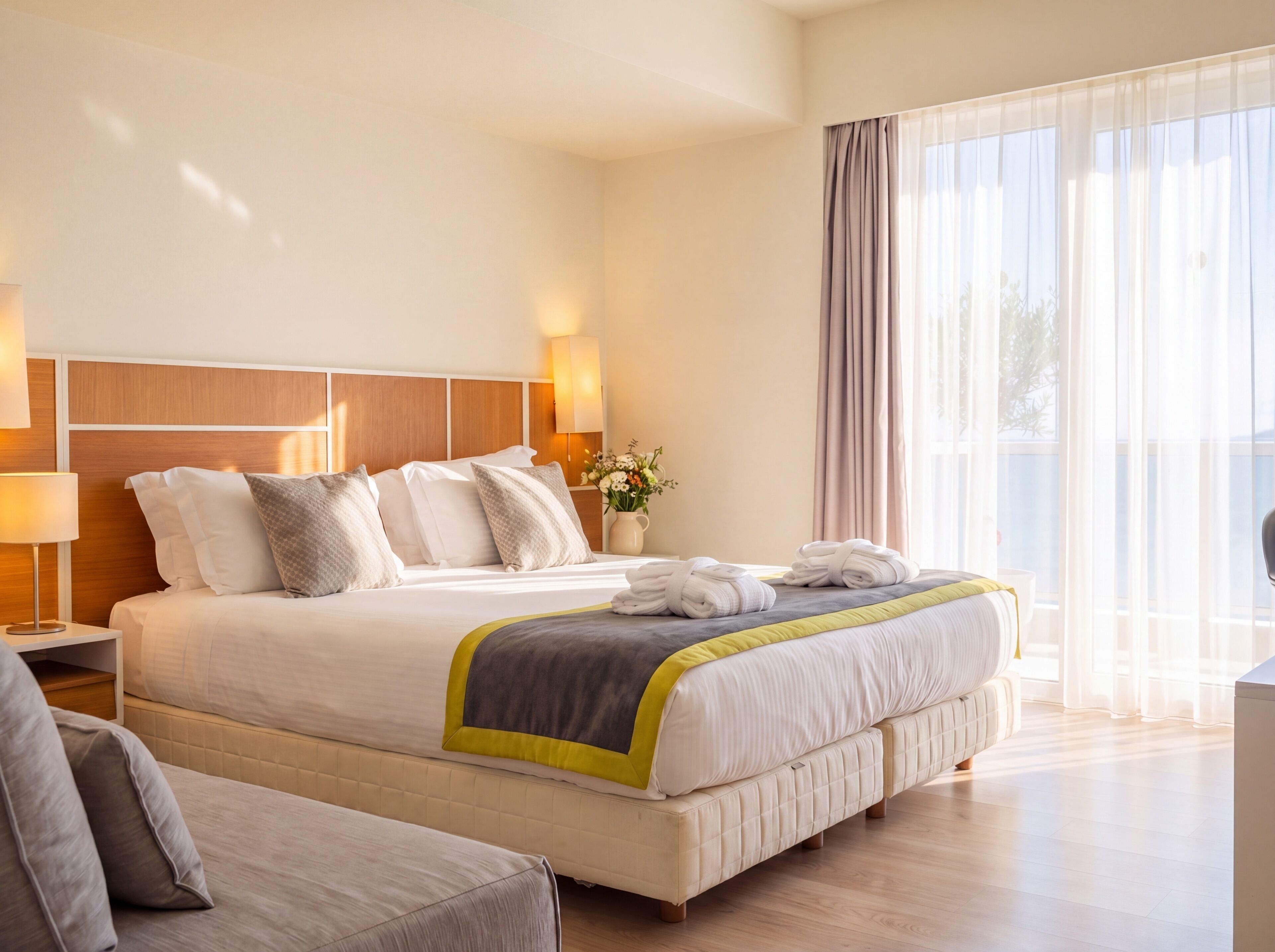 A hotel room with a large bed, bedside lamps, a nightstand, a window with curtains, and a view of the outdoors.
