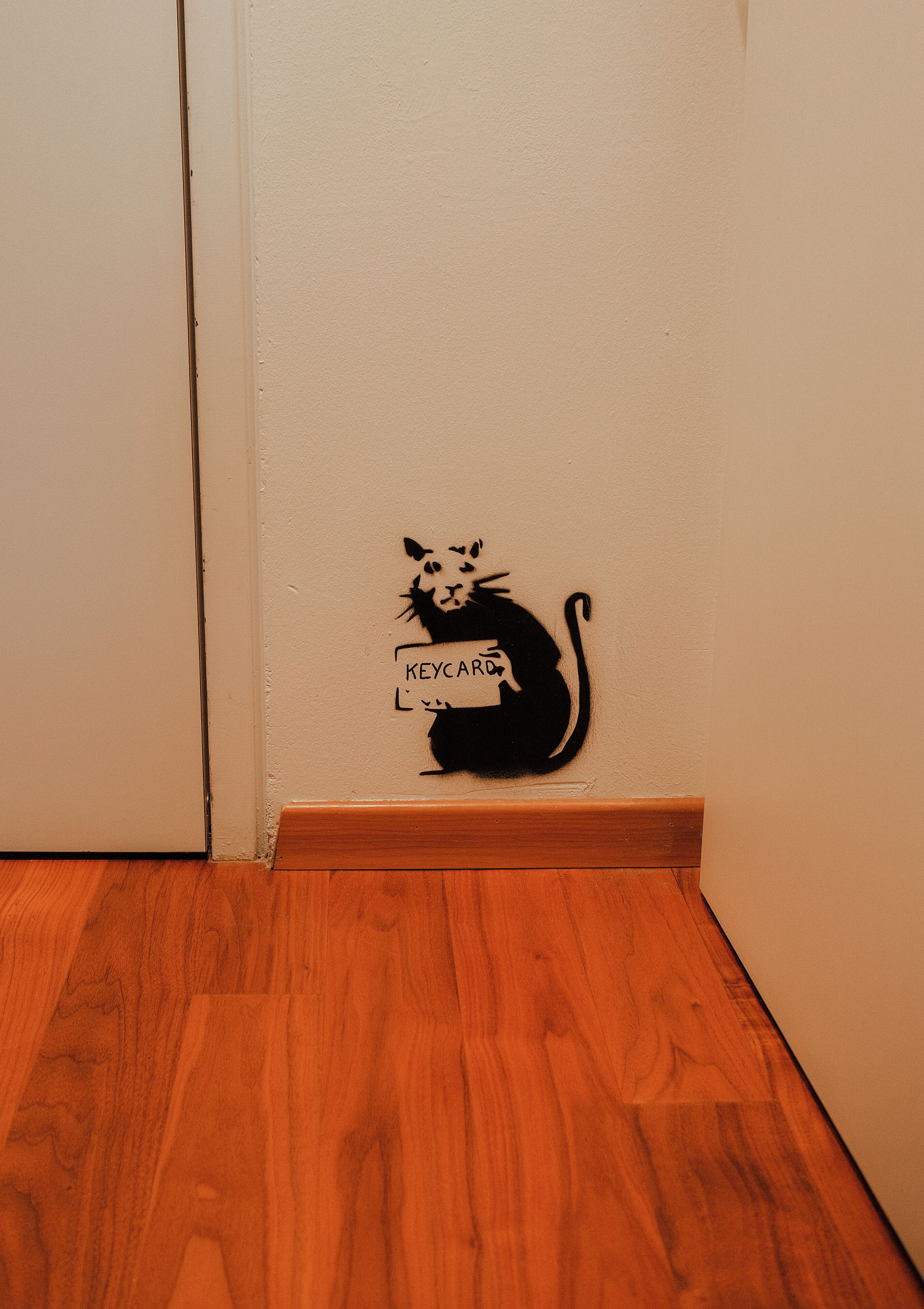 A hallway with a wooden floor and a wall featuring a black cat stencil with the text "KEYCARD LOST".