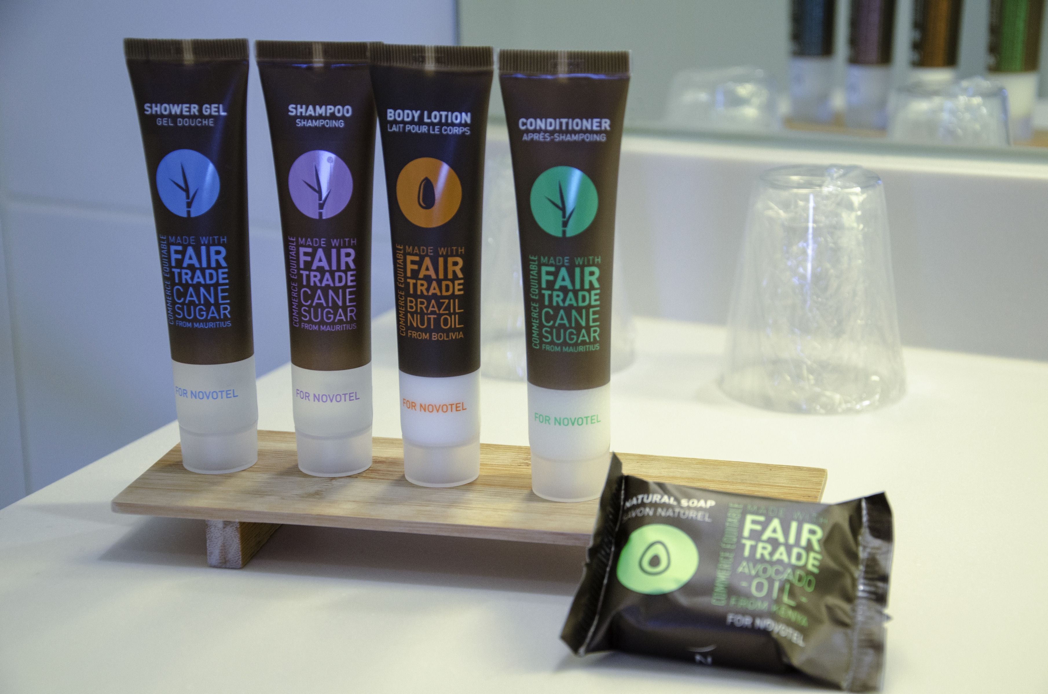 eco-friendly toiletries, hair dryer, towels, soap