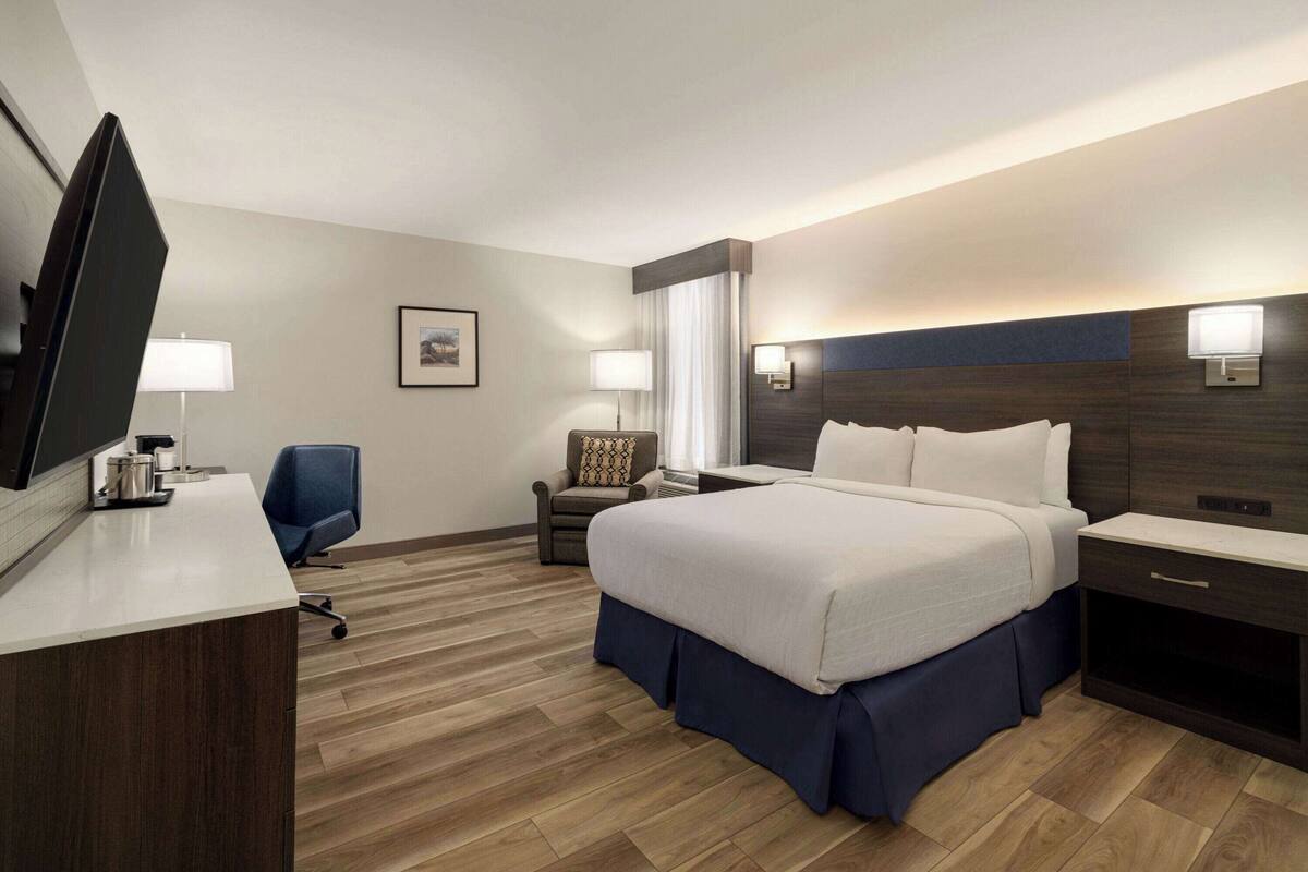 A hotel room with a large bed, a desk, a chair, a TV, and a bedside table with a lamp.