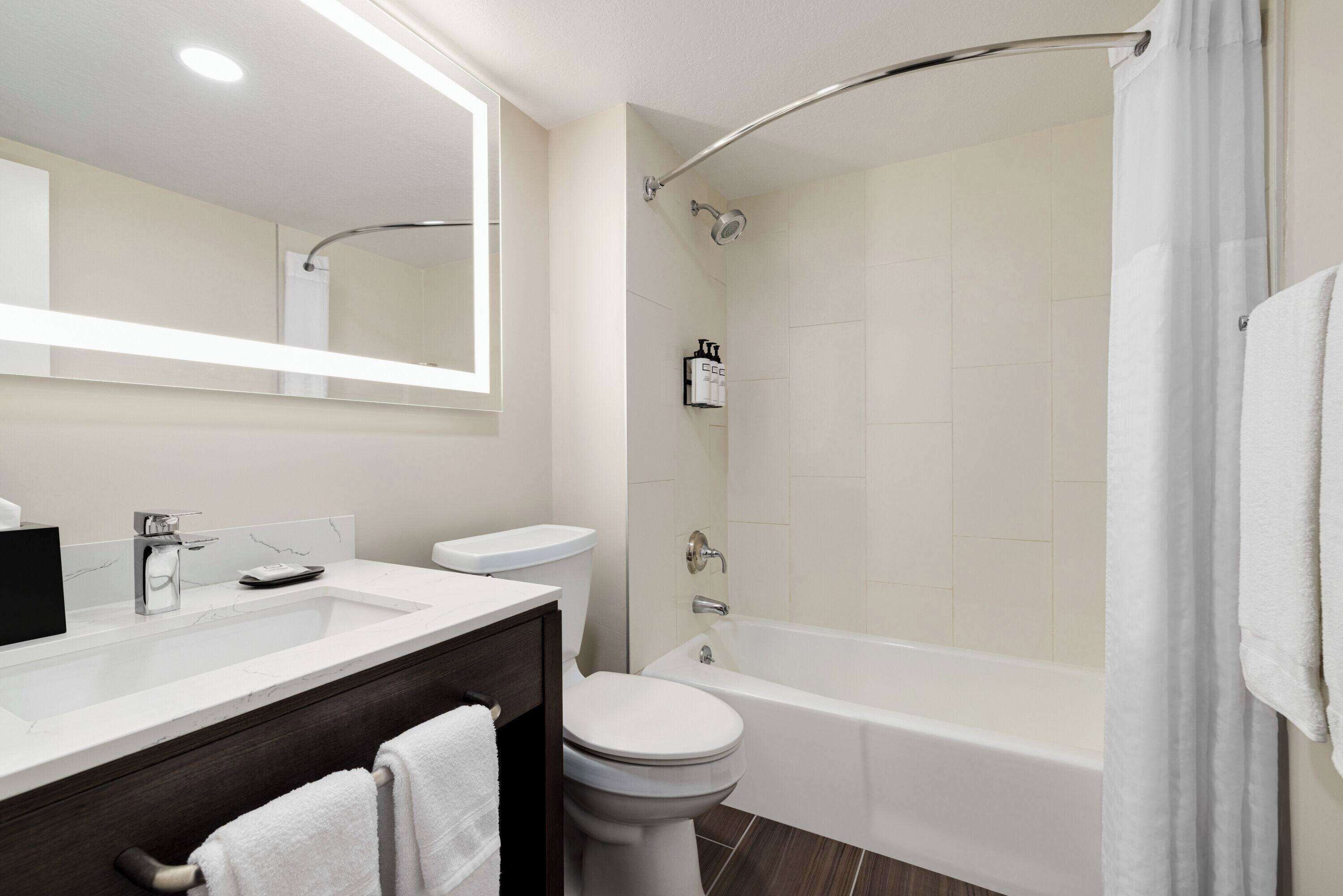 combined shower/bathtub, free toiletries, hair dryer, towels