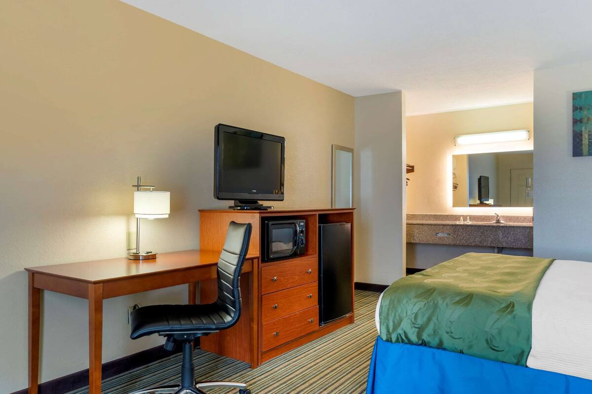 Quarto de hotel com cama, escrivaninha com cadeira, televisão, frigorífico, micro-ondas e casa de banho com espelho e lavatório.