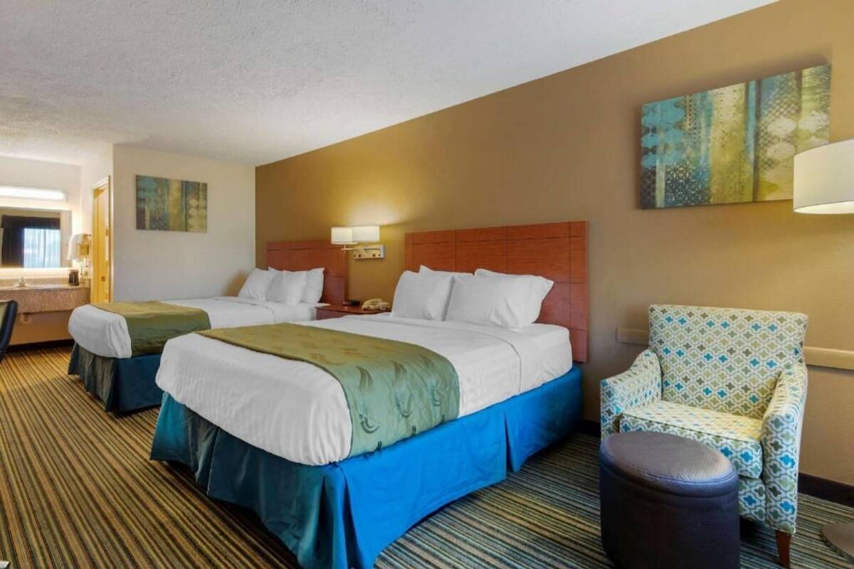 Quarto de hotel com duas camas, uma cadeira, um cesto de lixo e obras de arte nas paredes.