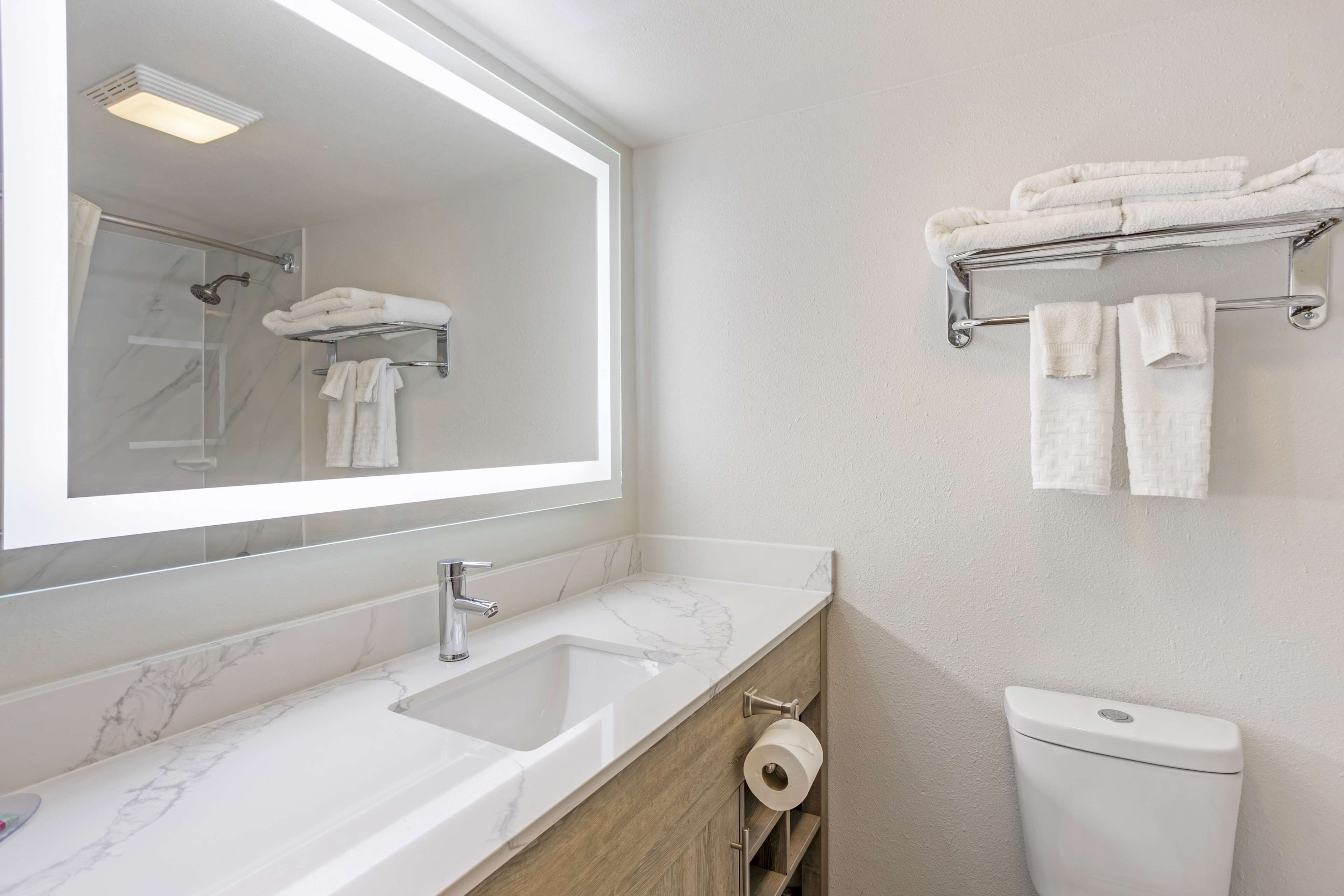 A bathroom with a marble sink, a mirror, a towel rack, and a toilet.