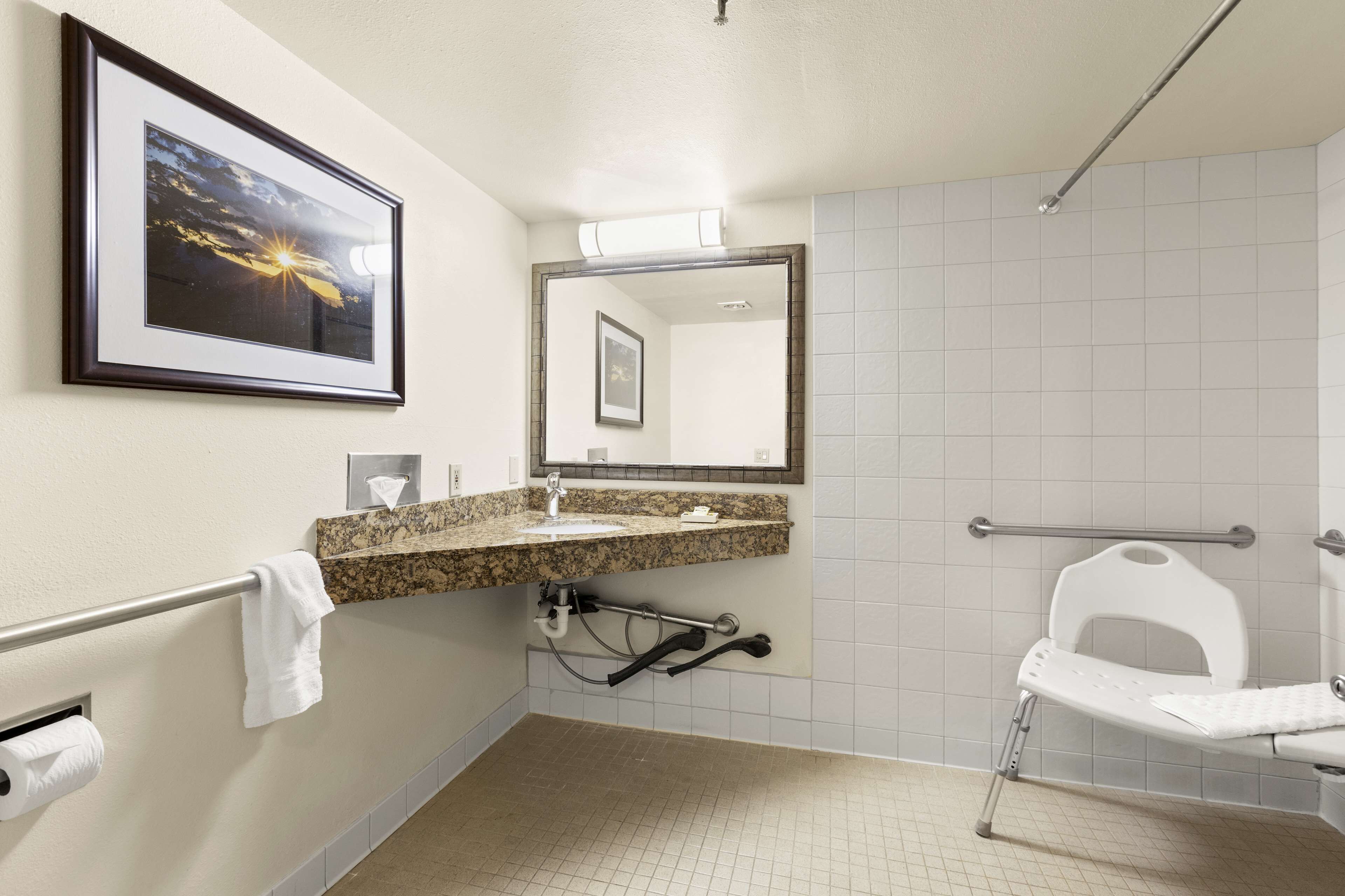 A bathroom with a sink, mirror, towel rack, and a wheelchair-accessible shower.
