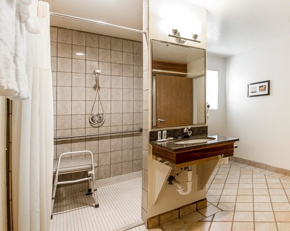 Un baño con ducha, lavamanos, espejo y un banco accesible para sillas de ruedas.