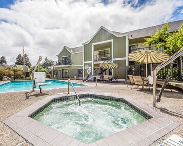 Seasonal outdoor pool, pool loungers