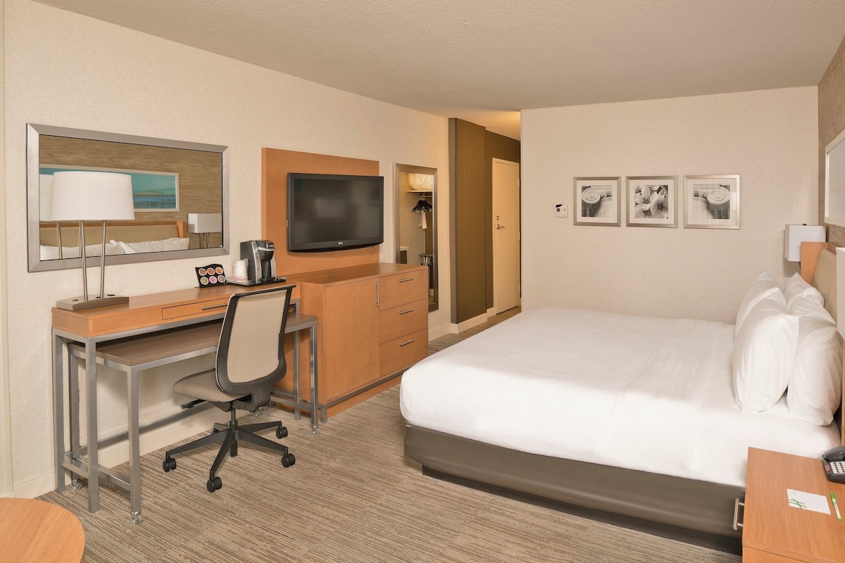 Habitación de hotel con cama, escritorio, silla, televisor y una obra de arte en la pared.