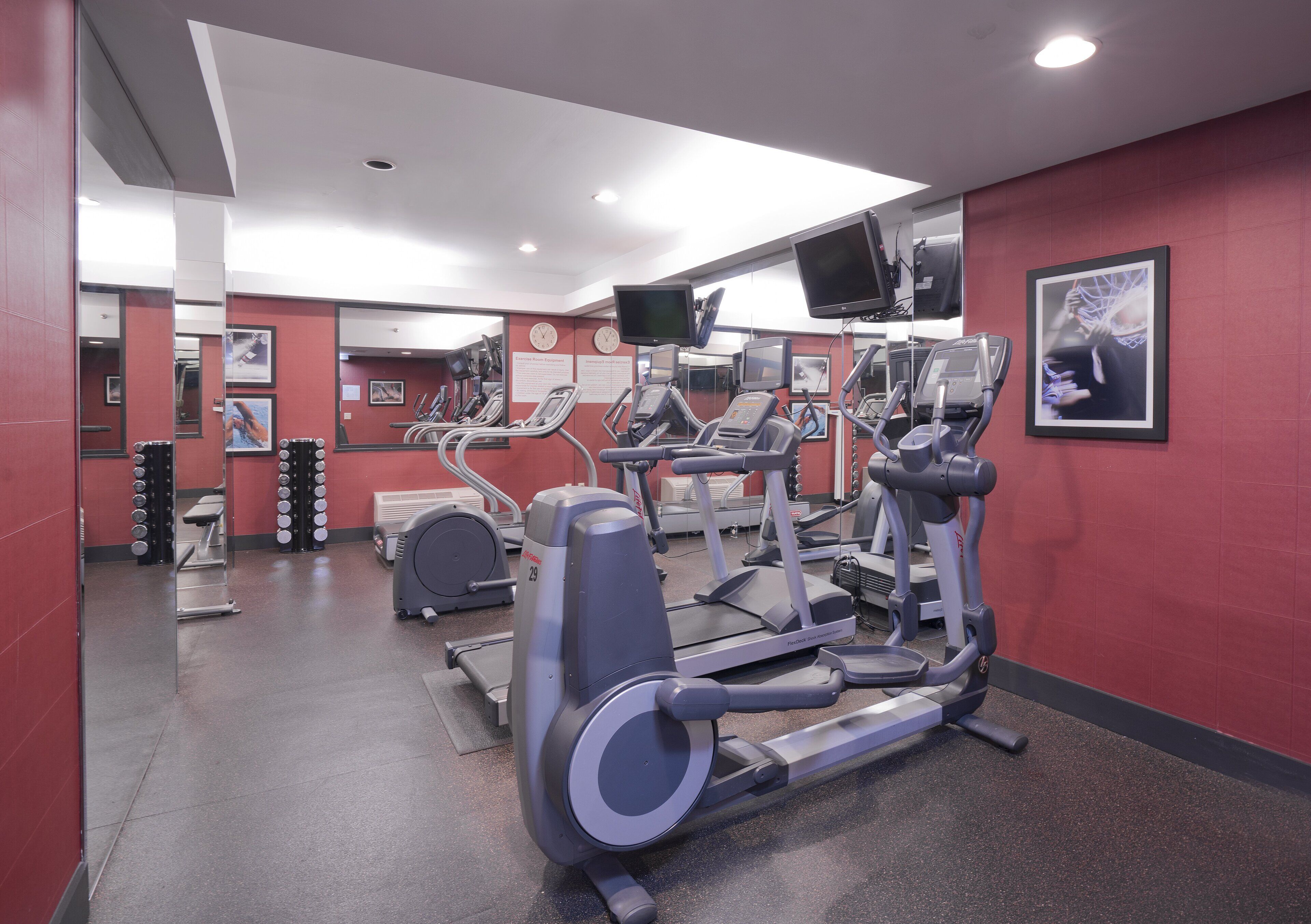 Un gimnàs amb cintes de córrer, el·líptiques i equipament de musculació.