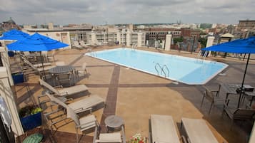 Seasonal outdoor pool, open 10:00 AM to 8:00 PM, sun loungers