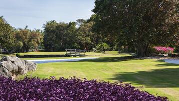 A well-maintained golf course with a wooden bridge, lush greenery, and a variety of trees.