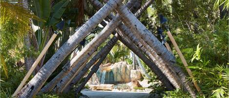 A pathway through a tropical garden with a waterfall and palm trees.