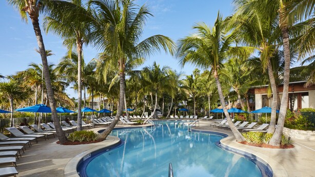 A swimming pool surrounded by palm trees and lounge chairs.