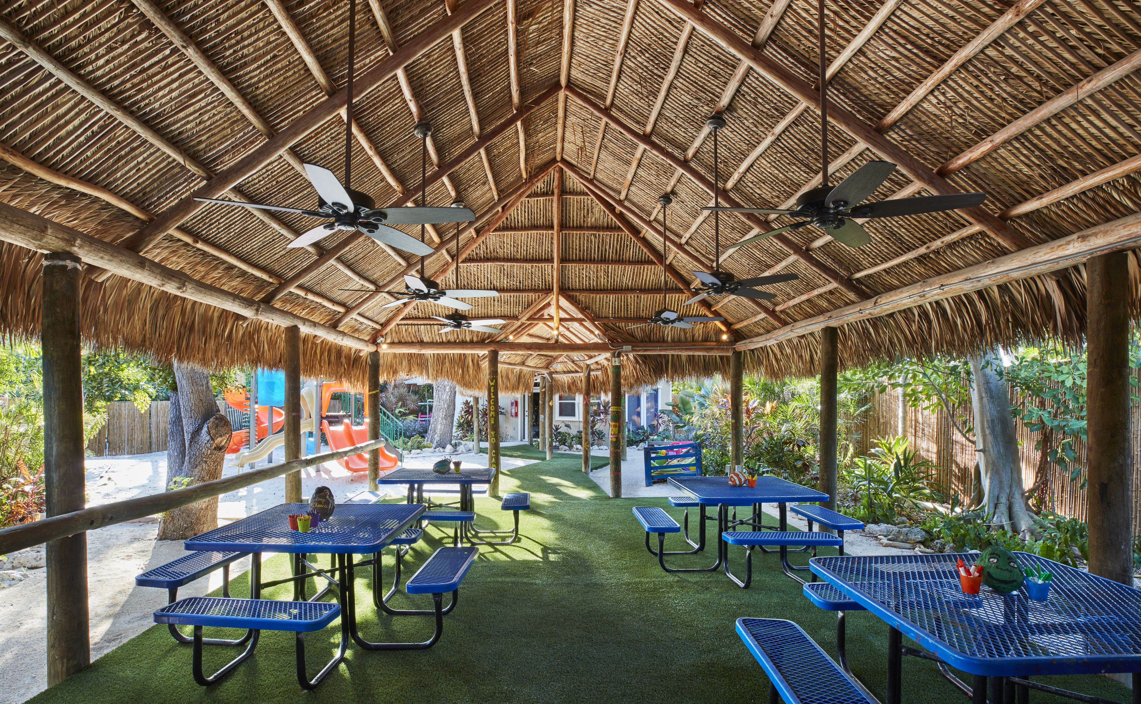 A covered outdoor area with thatched roof, multiple tables, and ceiling fans.