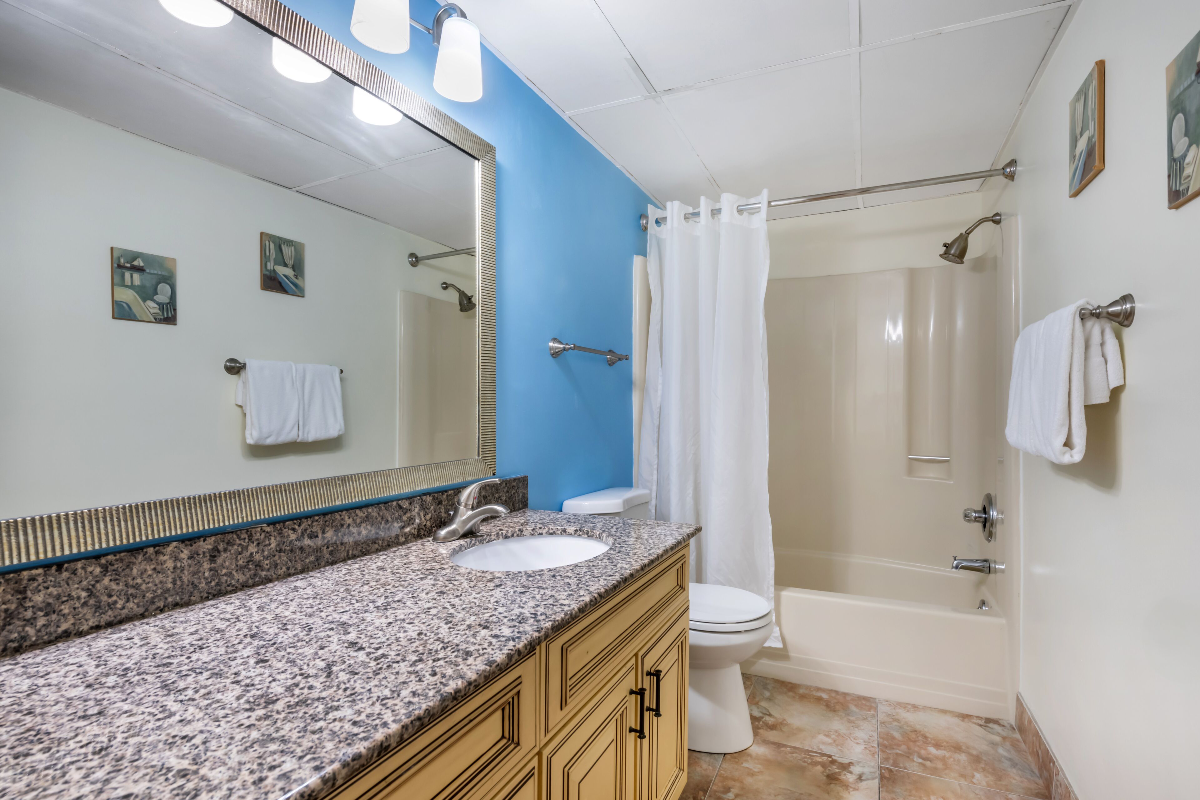 A bathroom with a granite countertop sink, a white toilet, a shower with a curtain, and a large mirror.