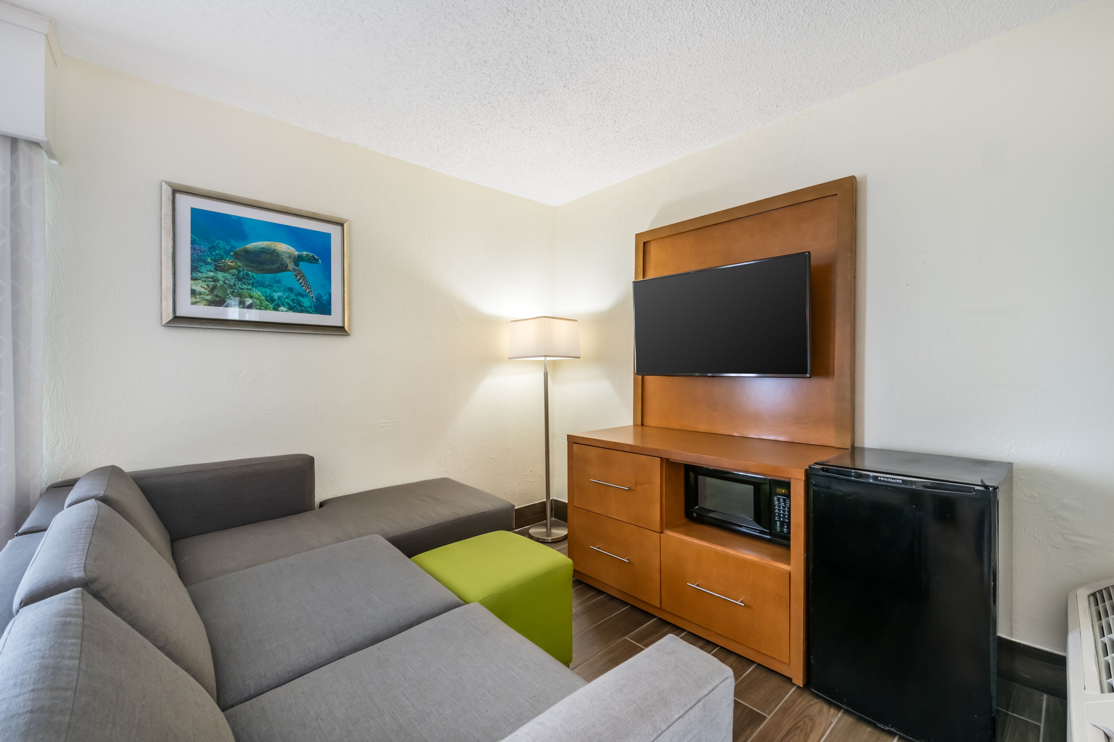 A modern living room with a sectional sofa, a flat-screen TV, a microwave, and a small refrigerator.