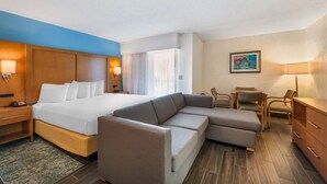Una habitación de hotel con una cama grande, un sofá, un escritorio y una silla.