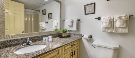 A bathroom with a granite countertop sink, a large mirror, a toilet, and framed pictures on the wall.