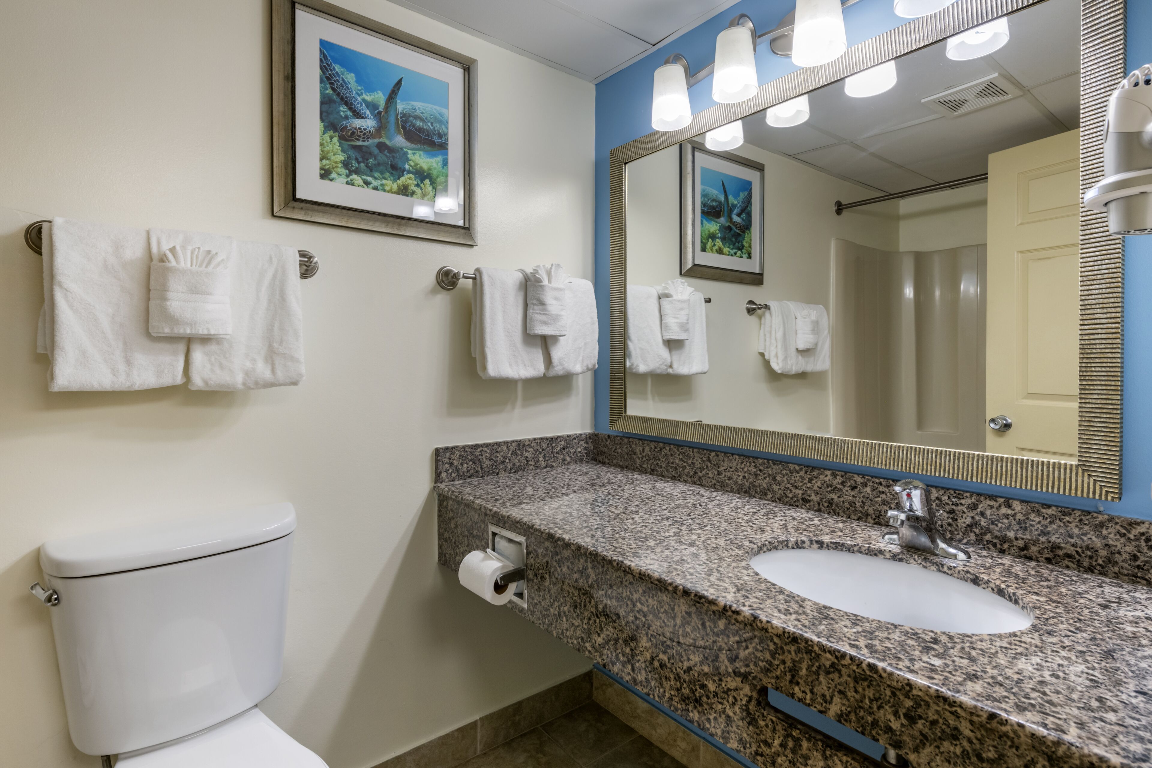A bathroom with a toilet, sink, and mirror. There are towels hanging on the wall and a framed picture above the mirror.