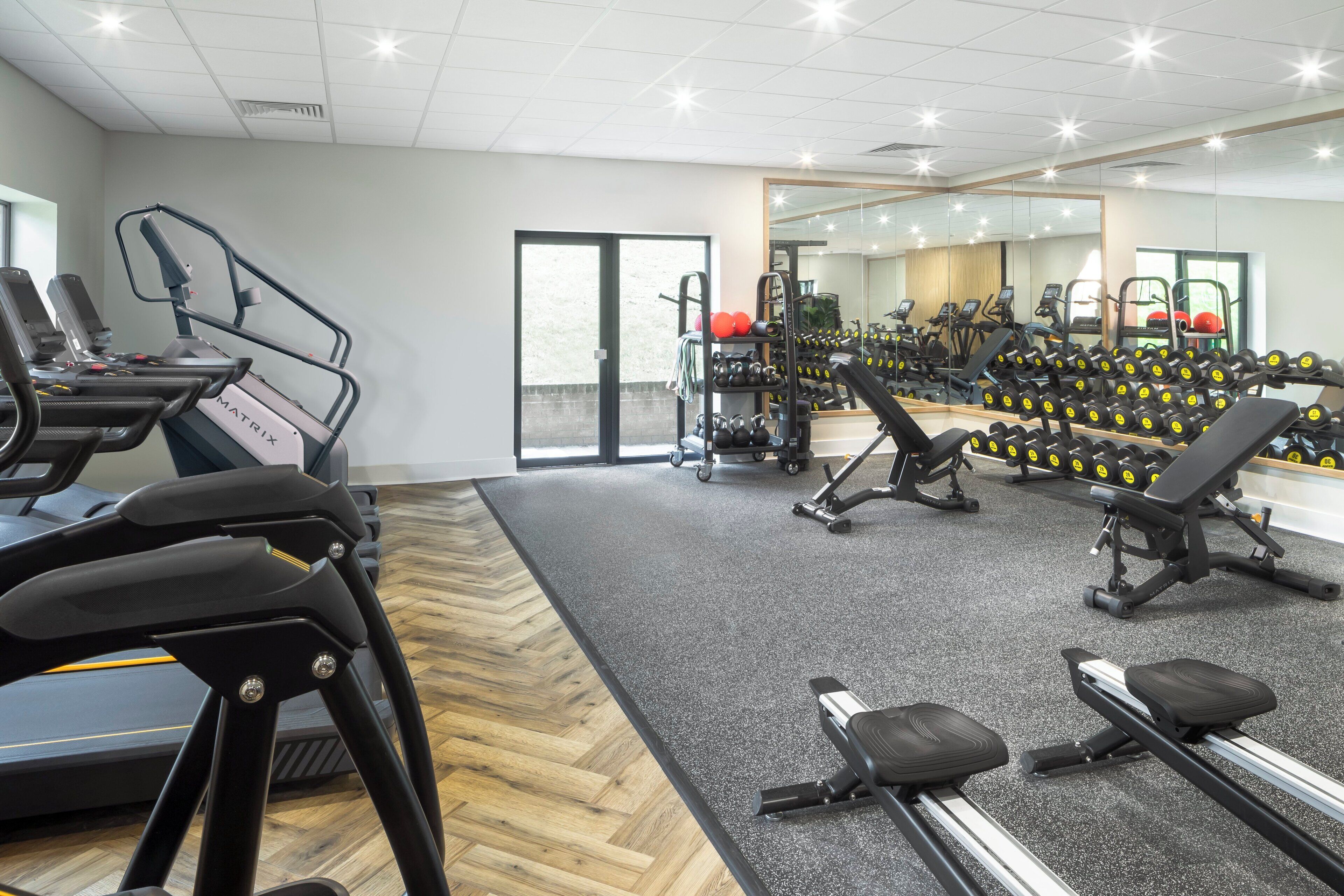 A gym with treadmills, weight machines, and free weights.