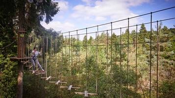 Una persona cruzando un puente colgante en un área boscosa con cielo despejado.