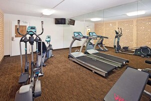 A gym with treadmills, elliptical machines, and a bench.