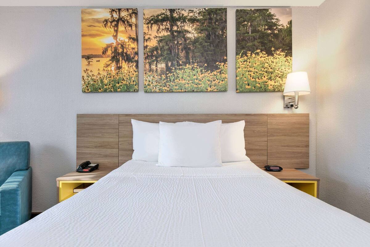 A hotel room with a large bed, a wooden headboard, a nightstand with a lamp, and three wall-mounted paintings of nature scenes.