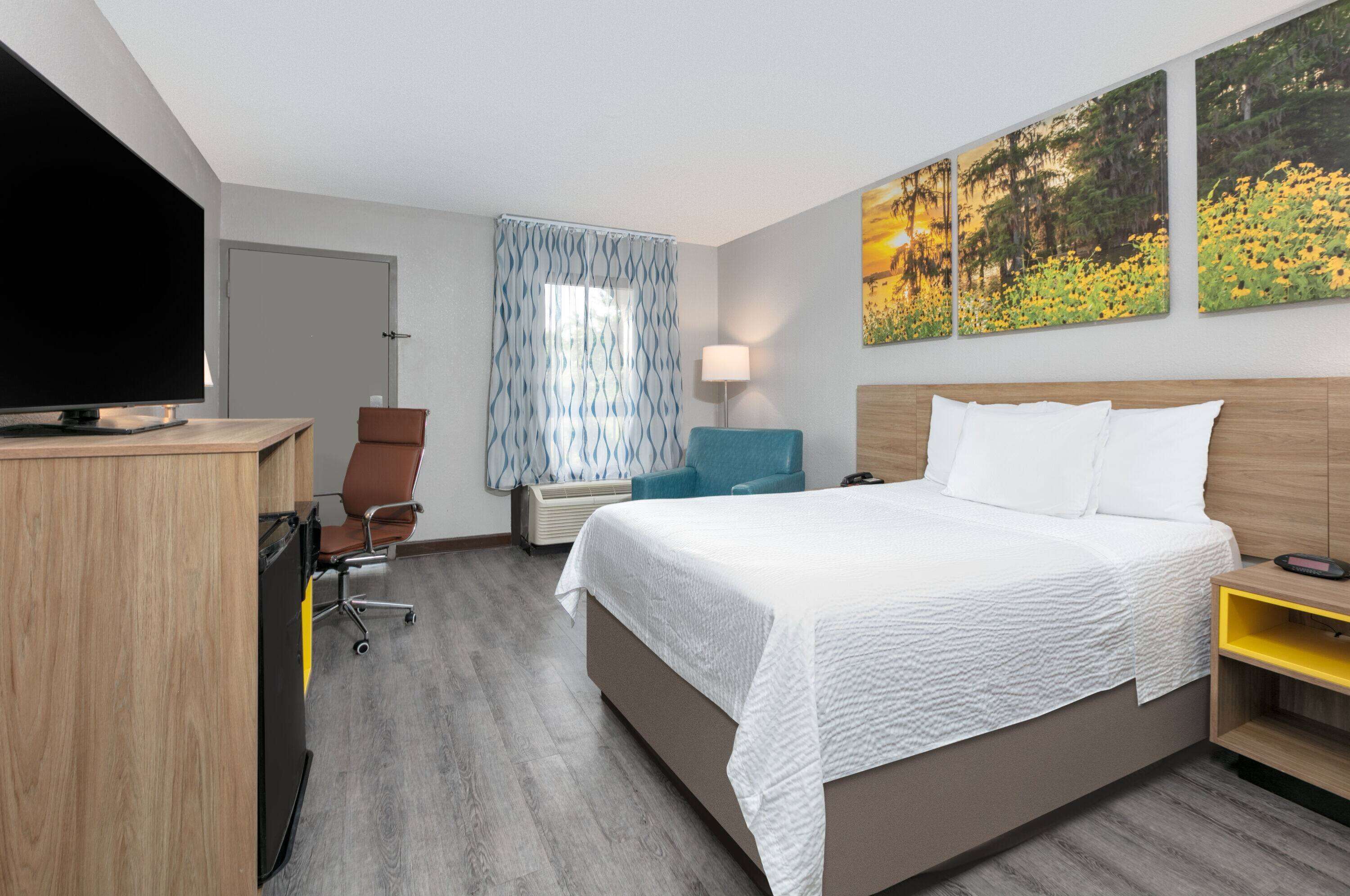 A hotel room with a bed, a desk with a TV, a chair, a window with curtains, and wall art.