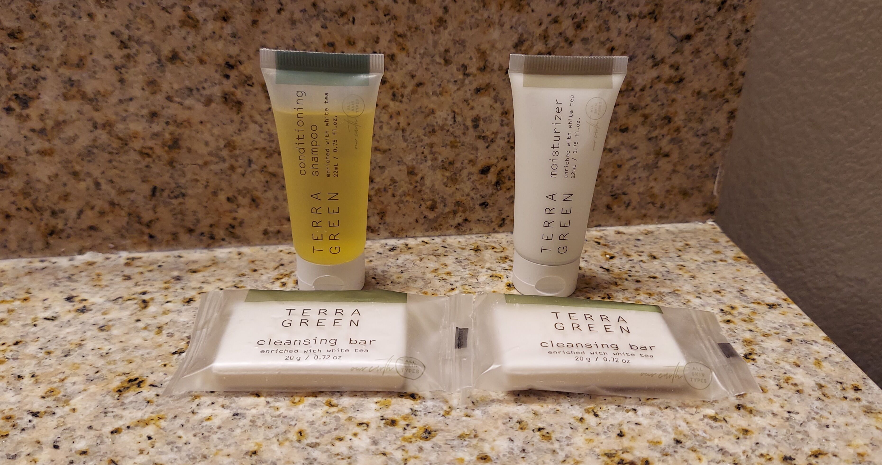 Zwei Flaschen Terra Green Shampoo und Conditioner sowie zwei Reinigungseifen auf einer fleckigen Arbeitsplatte.