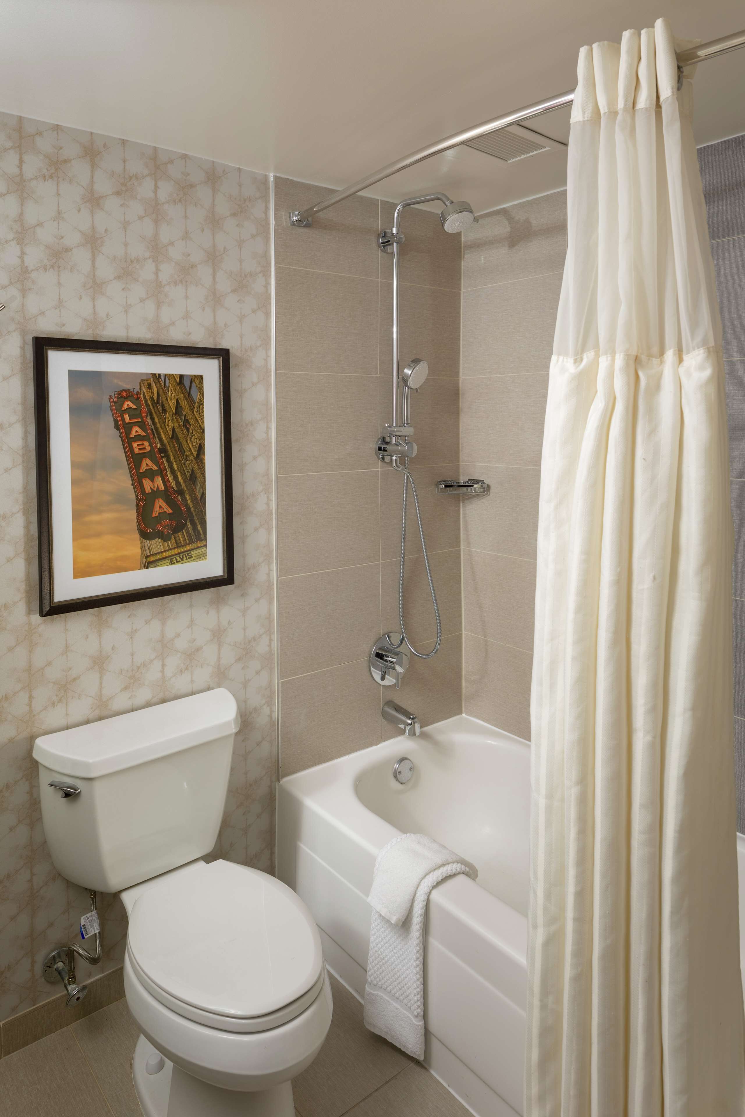 A bathroom with a toilet, bathtub, shower, and a framed picture on the wall.