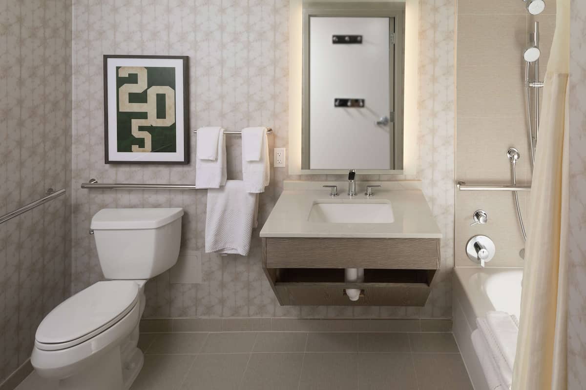 combined shower/bathtub, hair dryer, towels