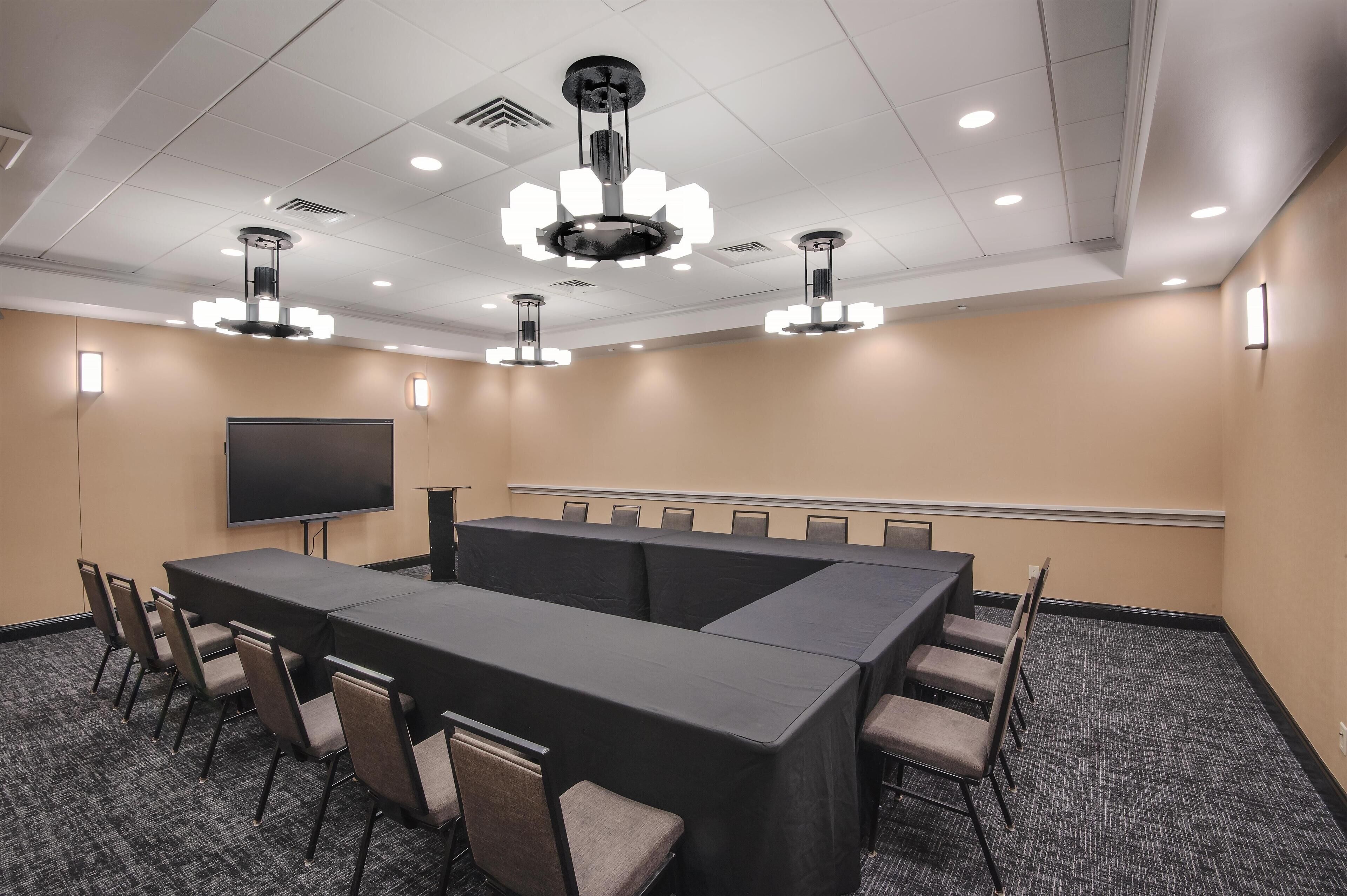 A conference room with a large table, chairs, a flat-screen TV, and ceiling lights.