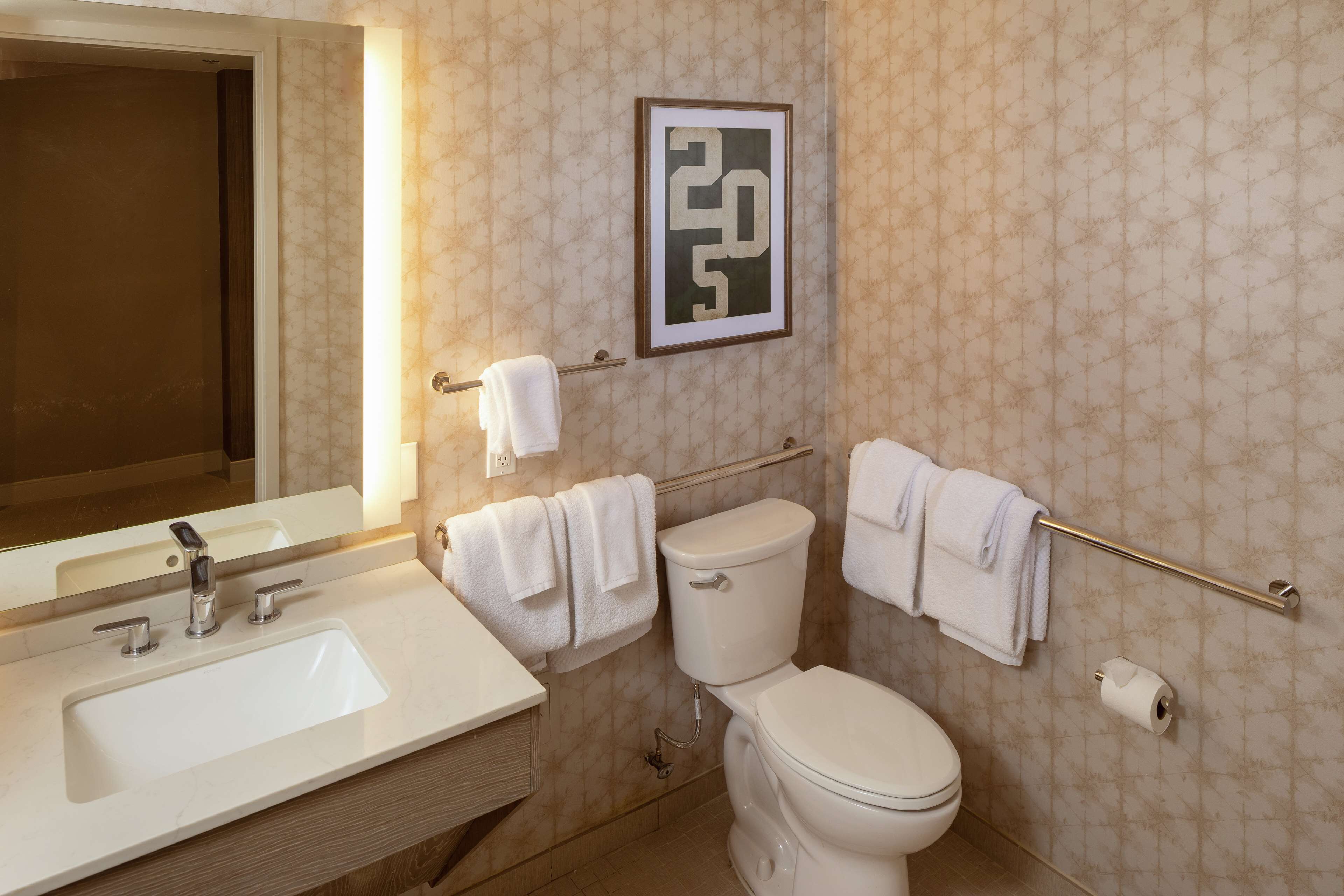 A bathroom with a sink, toilet, and towel rack.