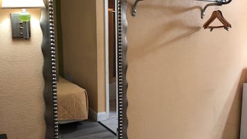 Desk, blackout drapes, soundproofing, iron/ironing board