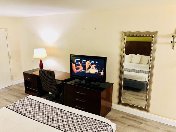 Desk, blackout drapes, soundproofing, iron/ironing board