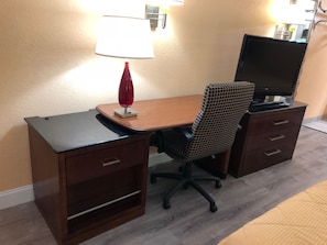 Desk, blackout curtains, soundproofing, iron/ironing board